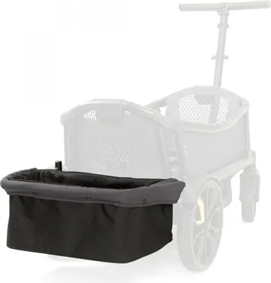 A black fabric storage basket attached to the front of a partially visible stroller or wagon.