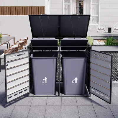 Productafbeelding van Containerberging met 2 aparte vakken, hydraulisch deksel, horizontale houtlook panelen en ventilatiesleuven, ijzeren constructie met roestbescherming en deuren met slot
