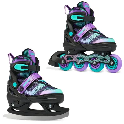 A collage of two types of skates: inline skates and ice skates, both with a similar design.