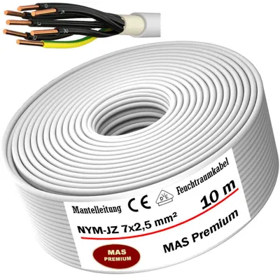 Produktbild von Feuchtraumkabel Stromkabel Mantelleitung 10 m NYM-JZ 7x2,5 mm² Elektrokabel