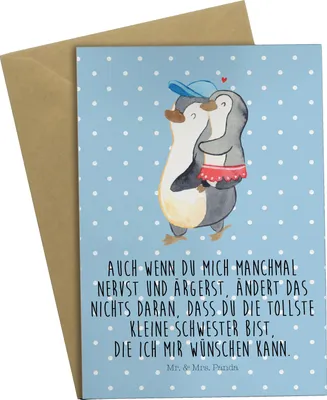 Produktbild von Mr. & Mrs. Panda Grußkarte Pinguin Kleine Schwester - Blau Pastell - Geschenk, genesungskarte, weihnachtskarten, osterkarten, Geschwisterliebe, Muttertag, Sister, Sis