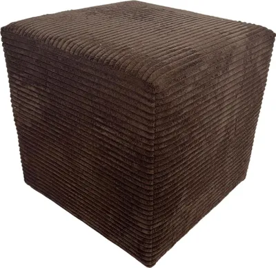 A single, dark brown, corduroy cube-shaped ottoman is shown against a white background.