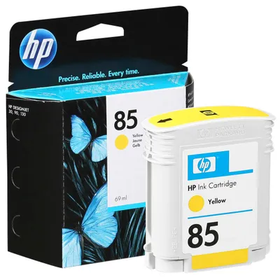 A product box and ink cartridge for an HP printer.