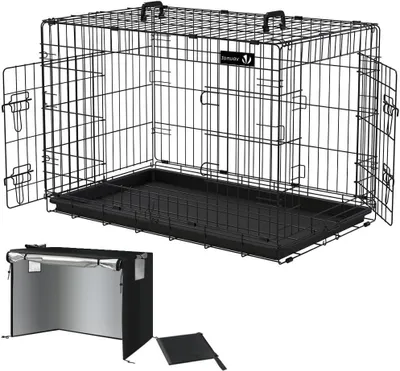 Obrázok produktu pre Prenosná klietka pre psov – prepravná klietka – bezpečná preprava – dvojité dvere – 92 x 58 x 64 cm – čierna