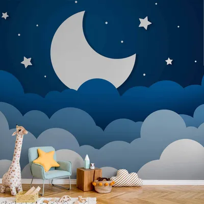 Produktbild von Vlies Fototapete - Moon dream - clouds on a dark blue sky with stars for children 400x280 cm Für Kinder e-A-10023-a-a