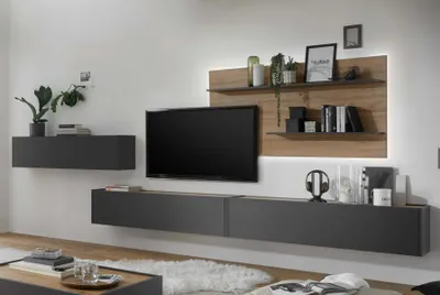 Produktbild von Wohnwand 400 cm Eiche Anthrazit 4-teilig Nr 13 BOSTON + Beleuchtung