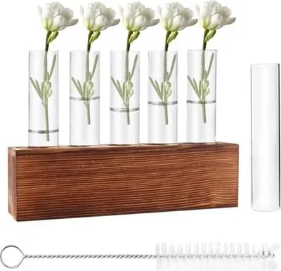 Produktbild von 6 Reagenzgläser Blumenvase, Vermehrungsstation Pflanzen mit Reinigungsbürste Kleine Vasen mit Holzständer Propagation Station Glas Ableger Hydroponik Pflanzen für Tisch Hause Büro Wohnzimmer