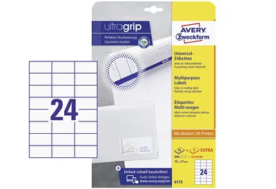 Zdjęcie produktu dla Avery 6173, Biały, Prostokąt, Na stałe, 70 x 37 mm, A4, Papier