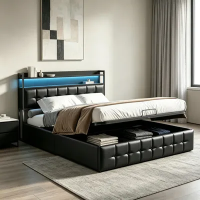 Image de INONEFT, lit capitonné 140 x 200 cm avec espace de rangement hydraulique, lit pour adolescents avec LED/USB, lit double avec tête de lit, lit avec rangement et sommier à lattes, revêtement en PU, couleur noire