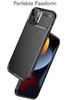 A black carbon fiber phone case is shown on top of a smartphone.
