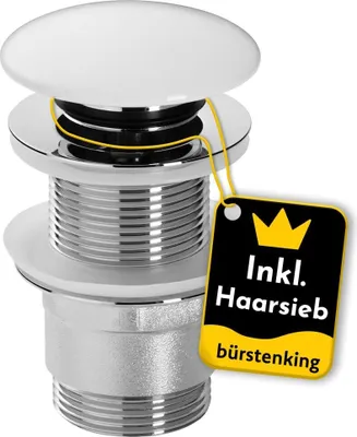 A close-up studio shot of a sink drain assembly with a tag attached.