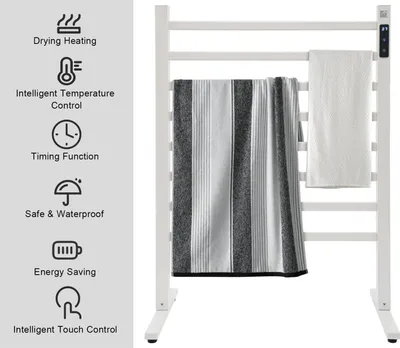 Obrázok produktu pre Elektrický ohrievač uterákov – voľne stojací ohrievač uterákov – 180 W – LED displej – teplota 45–65 °C – hliník – zástrčka EÚ – biela farba