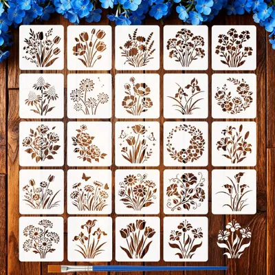 Productafbeelding van Set van 24 Herbruikbare Malschablonen met Natuurmotieven 15x15cm