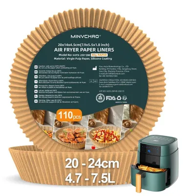 Image de Papier sulfurisé pour friteuse à air, 110 pièces, rond, de 20 à 24 cm, pour friteuses de 4,7 à 7,5 litres, compatible avec Ninja et autres marques