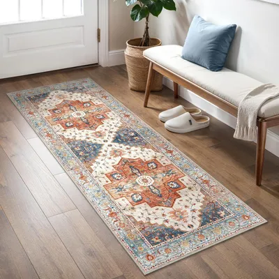 Productafbeelding van Wasbaar vloerkleed, gangtapijt, 60x180 cm, blauw-rood, antislip, vintage stijl