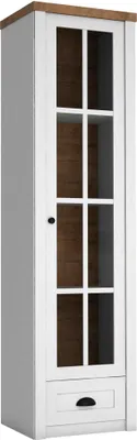 A product shot of a tall, narrow display cabinet with a single glass-paneled door and one drawer.