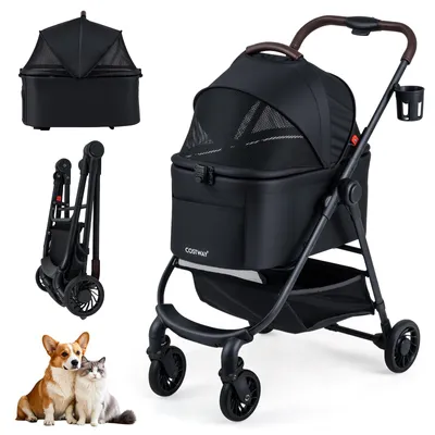 Immagine prodotto di COSTWAY passeggino per cani 3 in 1, passeggino per cani con tetto in rete regolabile, cestino e portabevande, passeggino per animali fino a 15 kg, cassa per cani pieghevole, metallo (nero)