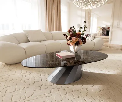 Produktbild von DELIFE Couchtisch Edge Oval 140x75 cm Keramik Emperador Extra Lucidato Dunkelbraun Parabi Metallic Silber