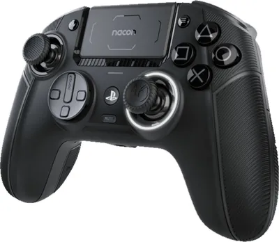 A black gaming controller is shown against a white background.