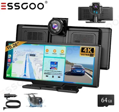 Zdjęcie produktu dla Lusterko wsteczne z monitorem samochodowym, 10 cali, kamera przednia 4K, kamera tylna 1080p, bezprzewodowe CarPlay i Android Auto, DVR (rejestrator jazdy), podwójna kamera, uniwersalne, z ekranem dotykowym