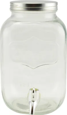 A clear studio shot of a glass beverage dispenser with a silver lid and spigot.