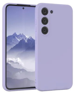 A purple phone case is shown next to a smartphone displaying a mountain landscape.