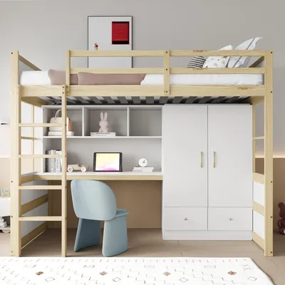 A children's loft bed with an integrated desk and wardrobe, set up in a room.