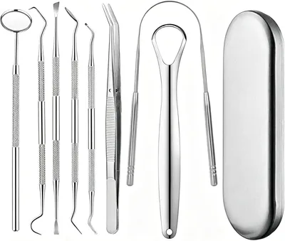 Produktbild von Zahnreinigungs Set, Zahnsteinentferner Zahnreinigung, Zahnarztbesteck, Edelstahl Zahnarztbesteck, Zahnarztspiegel Mundspiegel Zahnsonde, Zahnstein Selbst Entfernen, Zahnreinigung Zwischenräume (8 PCS)