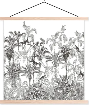 Produktbild von MuchoWow® Textilposter Dschungel - Tiere - Schwarz - Weiß 120x120 cm mit holzfarbenen Rahmen - Textil-Poster
