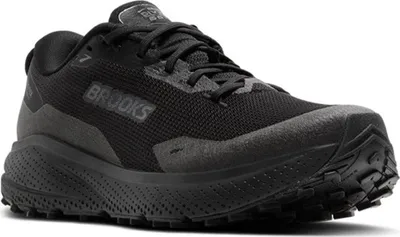 A black Brooks running shoe is shown from a three-quarter side view against a white background.