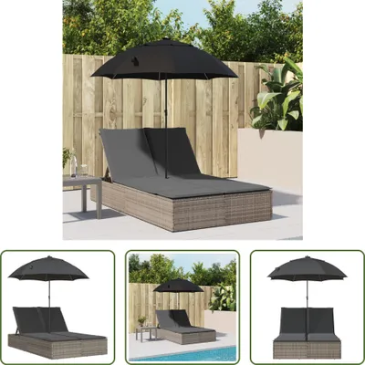 Produktbild von The Living Store Doppel-Sonnenliege mit Kissen & Sonnenschirm Grau Poly Rattan