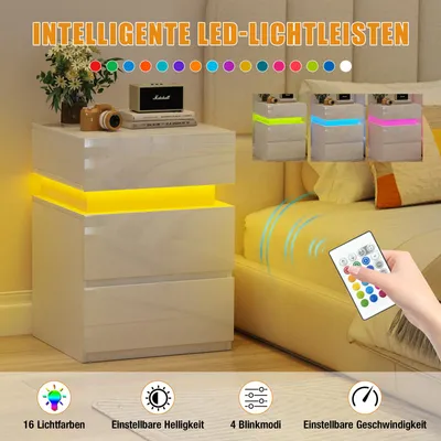 Produktbild von Nachttisch,Nachtschrank mit LED Licht,Nachtkommode mit 3 Schubladen,Weiß Hochglanz Beistelltisch Sofatisch für Wohnzimmer,Schlafzimmer 35x40x55cm
