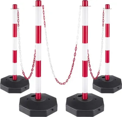 Immagine prodotto di 4 pali in plastica – Bianco/rosso – Con catena da 9,8 m e 8 ganci a S – Per la gestione del traffico e delle persone