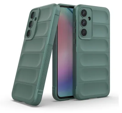 Two green phone cases are displayed on a white background, with a smartphone partially visible between them.