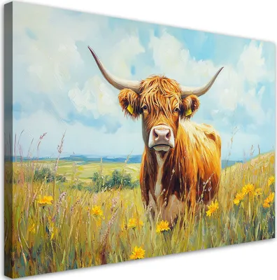 Produktbild von Leinwandbild Highland-Kuh Wiese Pastell Wiese 120x80 Feeby Grün bild für die wand bereit zum aufhängen