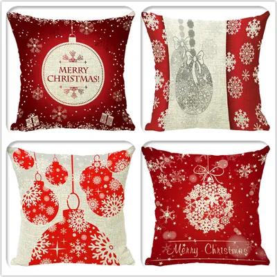 Produktbild von Weihnachts-Kissenbezug 45 x 45 cm, 4er-Set, Weihnachts-Deko-Kissenbezug, Deko-Kissenbezug, rustikales Sofa, Leinen-Kissenbezug, Sofa, Sofa-Sessel, Wohnzimmer-Kissenbezug