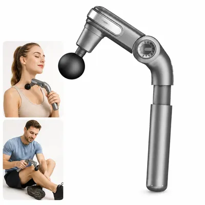 Produktbild von Massagepistole mit Verlängerungsgriff, faltbare Faszienpistole für Rücken und Muskeln, 5 Geschwindigkeiten, 4 Massageköpfe, Akku Muskelmassagegerät für Sport und Entspannung