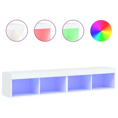 A white TV cabinet with four open compartments, illuminated by blue LED lights. Above the cabinet are three circular insets showing different LED color options (white, red, green) and a color wheel.