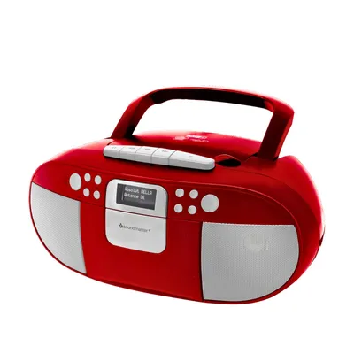A red boombox with white speaker grilles and control panel, shown from a 3/4 front angle against a white background.