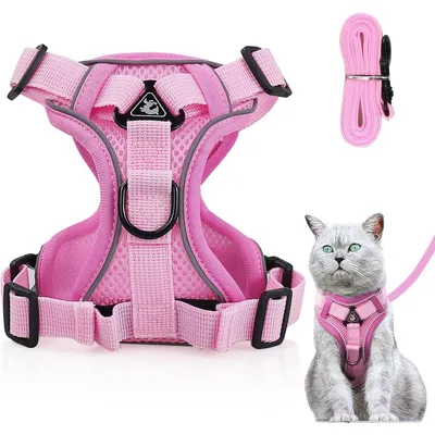 Produktbild von Katzengeschirr mit Leine Set, Ausbruchsicher, Verstellbar, Mesh, Hellrosa, Größe M