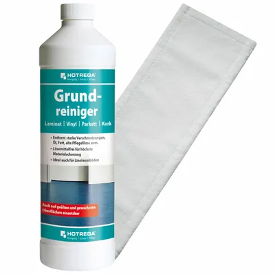 Produktbild von HOTREGA Grundreiniger Laminat Parkett Kork 1 Liter SET + Microfasermopp 40 cm