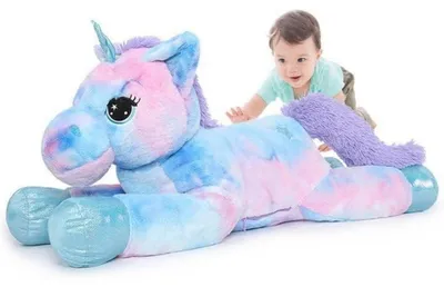 Zdjęcie produktu dla Duży pluszowy jednorożec XXL, 80 cm, kolor liliowy i niebieski, miękka zabawka, idealny prezent