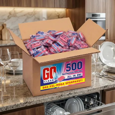 A cardboard box filled with dishwasher tabs placed on a kitchen counter next to a dishwasher and glassware.