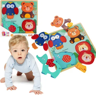 Obrázek produktu pro DŘEVĚNÉ dětské puzzle, VELKÉ vzdělávací puzzle, 4 zvířecí PUZZLE 8m+ Bam Bam