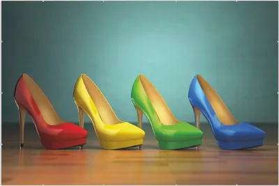Produktbild von Wallario Wandbild Bunte Schuhe - High Heels für Frauen, Größe: 61 x 91,5 cm, Poster mit rahmenlosen Bildhalter