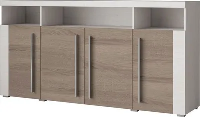 A modern sideboard with four doors and open shelving at the top.