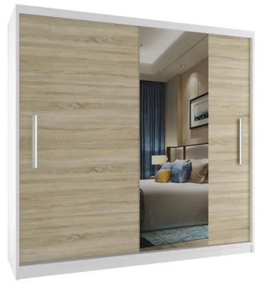 Image de BELINI Verona : Armoire coulissante de 200 cm, blanc/chêne sonoma mat. Armoire avec miroir et penderie, idéale pour la chambre