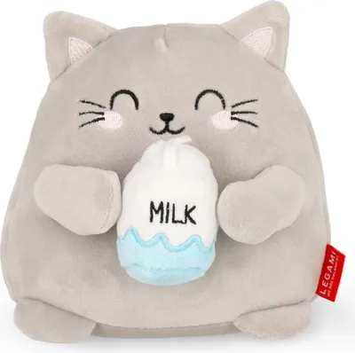 A plush toy cat holding a milk bottle.
