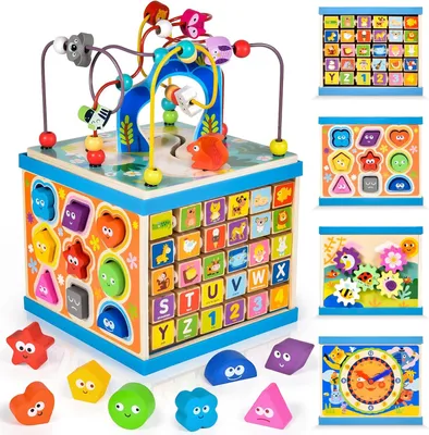 Produktbild von Motorikwürfel ab 1 Jahr | 6 IN 1 Holz Motorikwürfel mit Formsortierer Lernuhr Zahnradspiel Montessori Spielzeug Feinmotorik Holzspielzeug Activity Wür