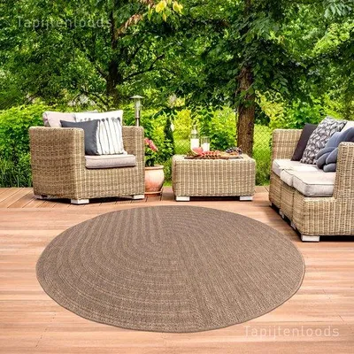 Imagen del producto de Alfombra exterior redonda estilo "Sahara Japandi" de Unyqoos®, con aspecto de yute, 100% polipropileno, tejido plano, ±1300 g/m², resistente a la intemperie y a los rayos UV, color beige/, ideal para balcones y terrazas